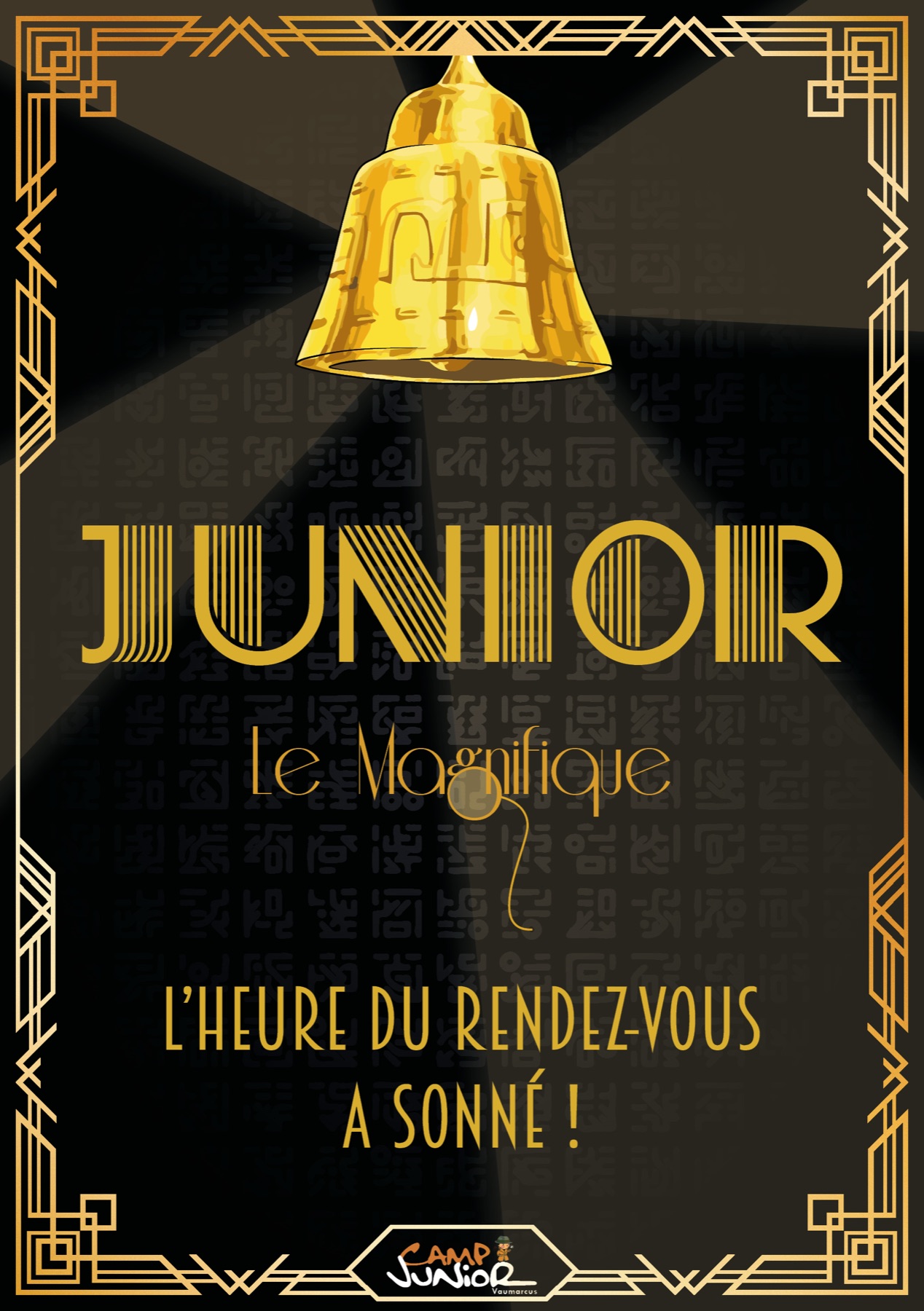 Recto de l'affiche Camp Junior 2023 : cloche dorée façon art déco, « Junior le Magnifique, l'heure du rendez-vous a sonné ! »